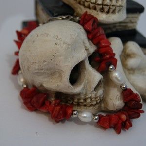 8" Red Coral Bracelet w/ Pearls & Silver Beads Beautiful Natural Element Jewelry